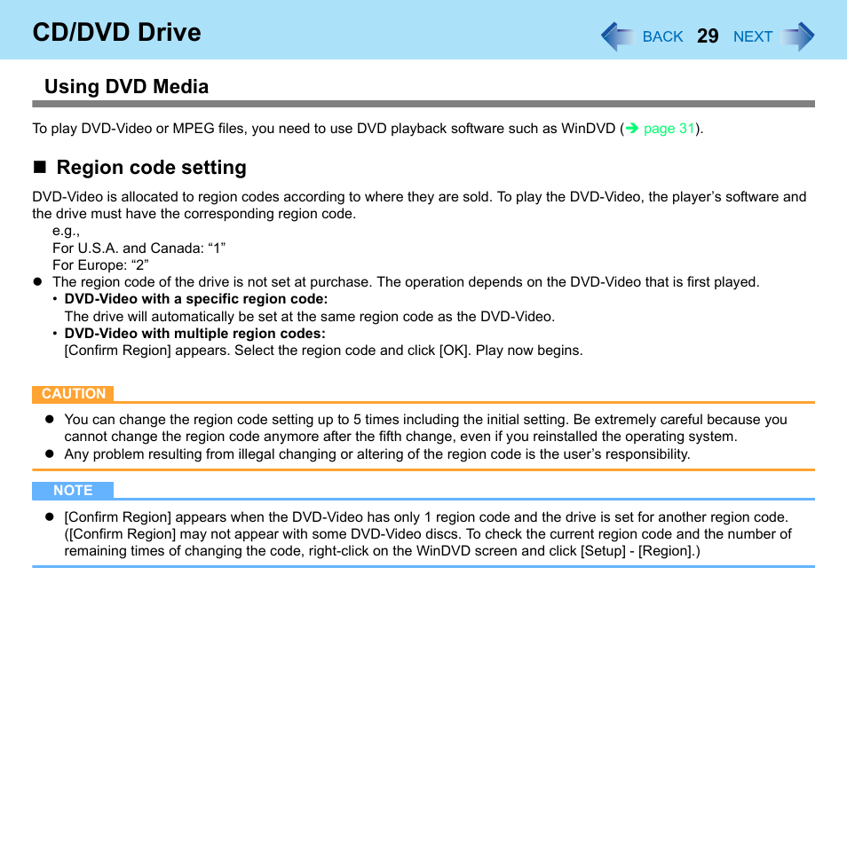 Cd/dvd drive, Using dvd media, Region code setting | Panasonic CF-52 Series User Manual | Page 29 / 106