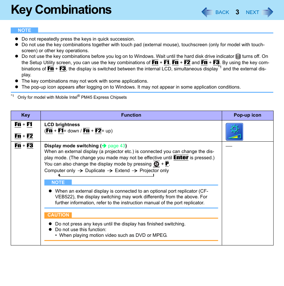 Key combinations | Panasonic CF-52 Series User Manual | Page 3 / 106