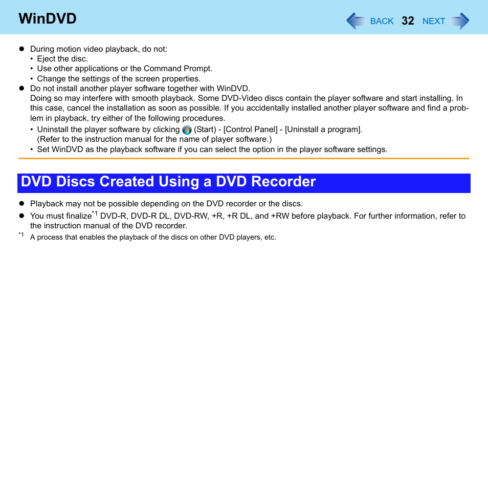 Windvd, Dvd discs created using a dvd recorder | Panasonic CF-52 Series User Manual | Page 32 / 106