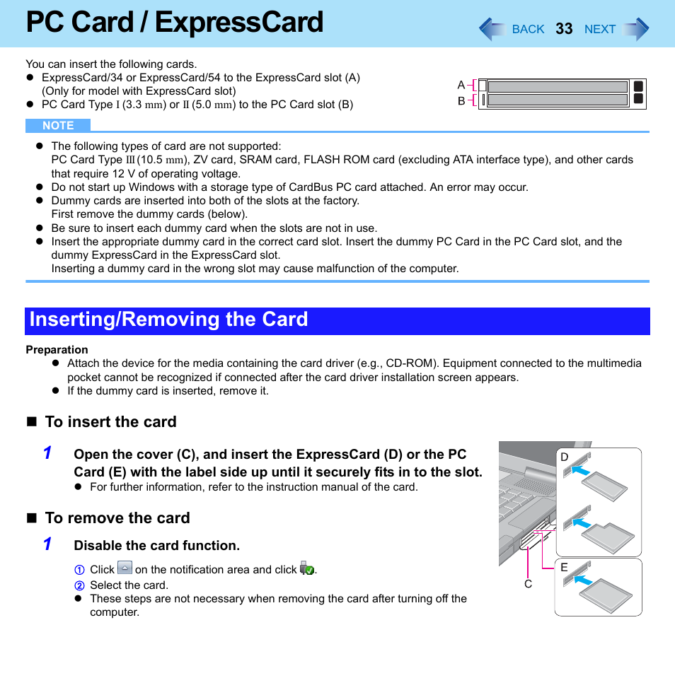 Pc card / expresscard, Inserting/removing the card | Panasonic CF-52 Series User Manual | Page 33 / 106