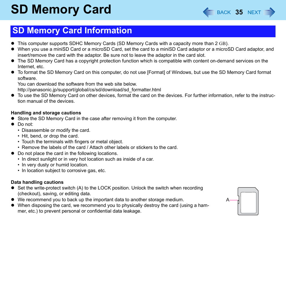 Sd memory card | Panasonic CF-52 Series User Manual | Page 35 / 106