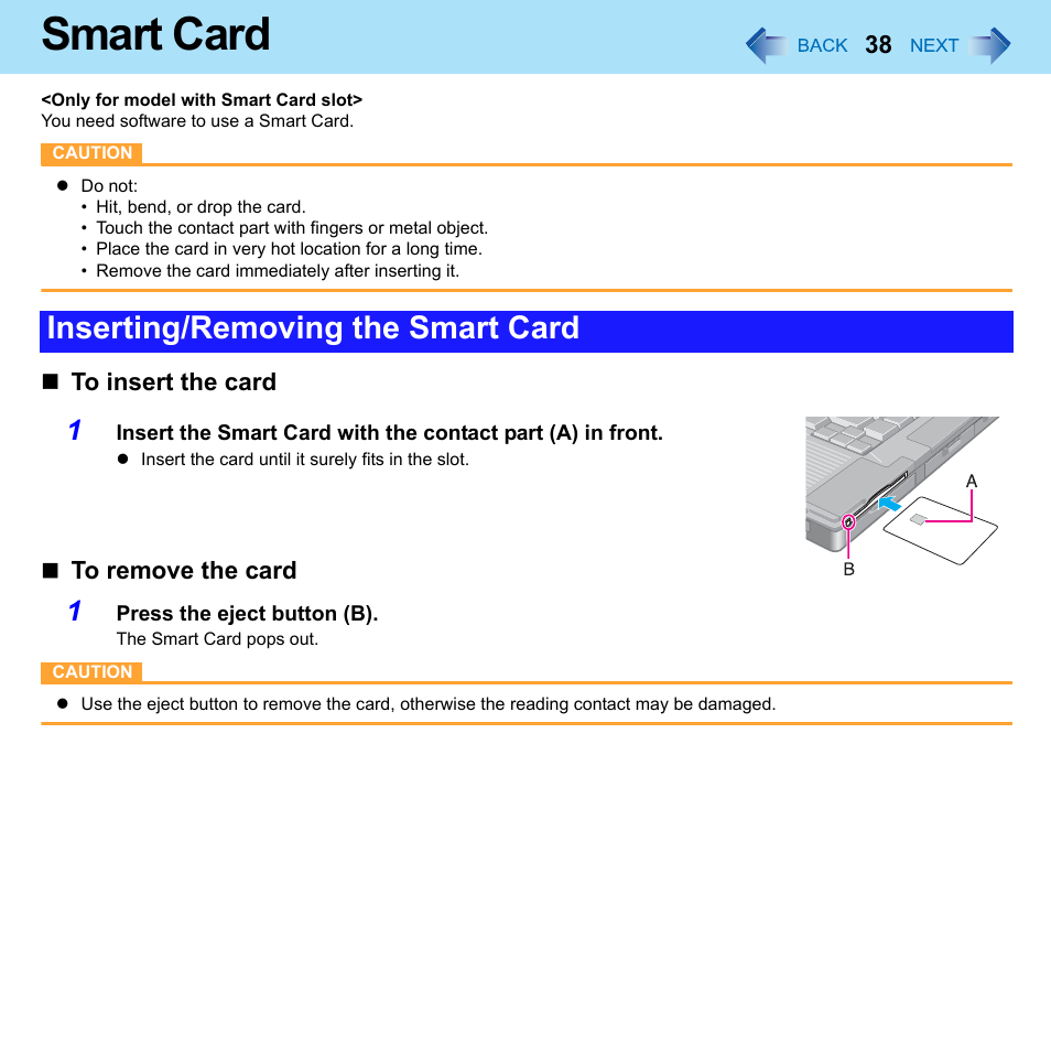 Smart card, Inserting/removing the smart card | Panasonic CF-52 Series User Manual | Page 38 / 106