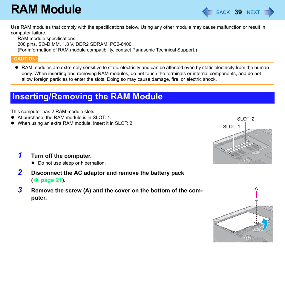 Ram module, Inserting/removing the ram module | Panasonic CF-52 Series User Manual | Page 39 / 106