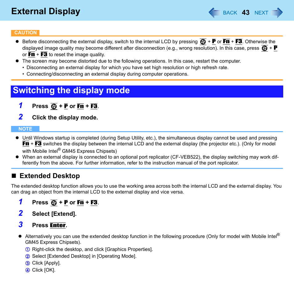 External display, Switching the display mode, Extended desktop | Panasonic CF-52 Series User Manual | Page 43 / 106