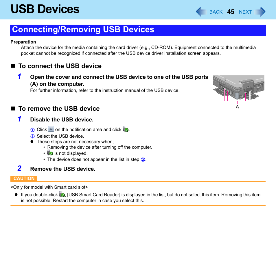 Usb devices, Connecting/removing usb devices | Panasonic CF-52 Series User Manual | Page 45 / 106