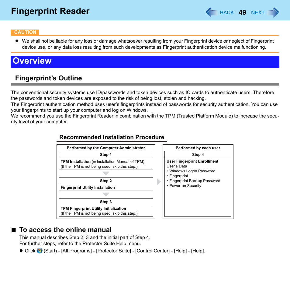 Fingerprint reader, Overview, Fingerprint’s outline | Panasonic CF-52 Series User Manual | Page 49 / 106