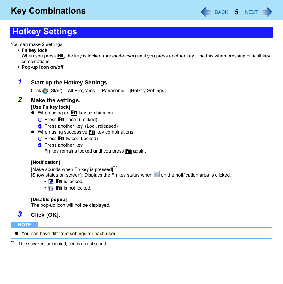 Key combinations, Hotkey settings | Panasonic CF-52 Series User Manual | Page 5 / 106