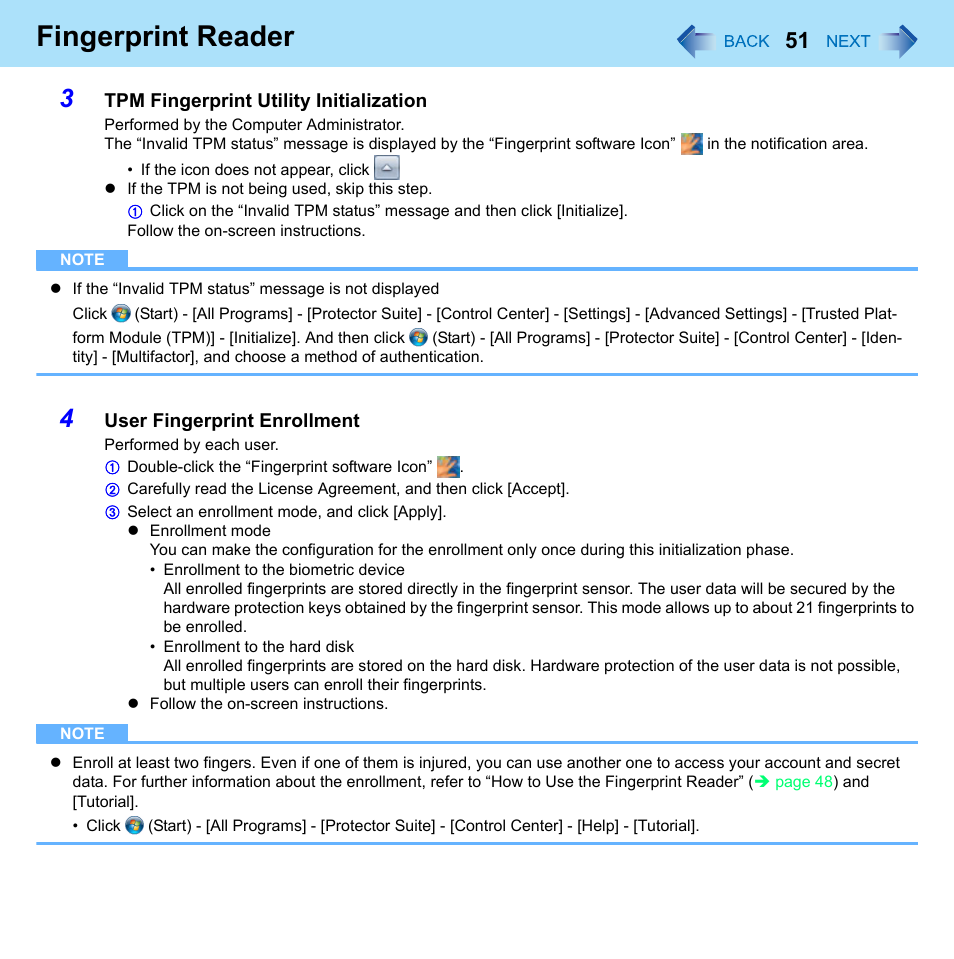 Fingerprint reader | Panasonic CF-52 Series User Manual | Page 51 / 106