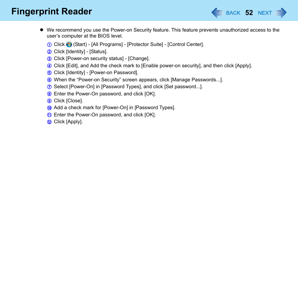 Fingerprint reader | Panasonic CF-52 Series User Manual | Page 52 / 106