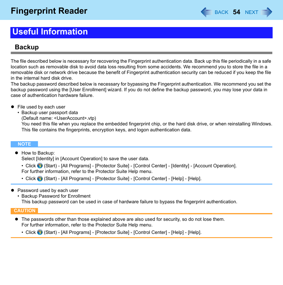 Fingerprint reader, Useful information, Backup | Panasonic CF-52 Series User Manual | Page 54 / 106