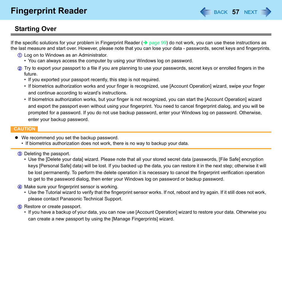 Fingerprint reader, Starting over | Panasonic CF-52 Series User Manual | Page 57 / 106