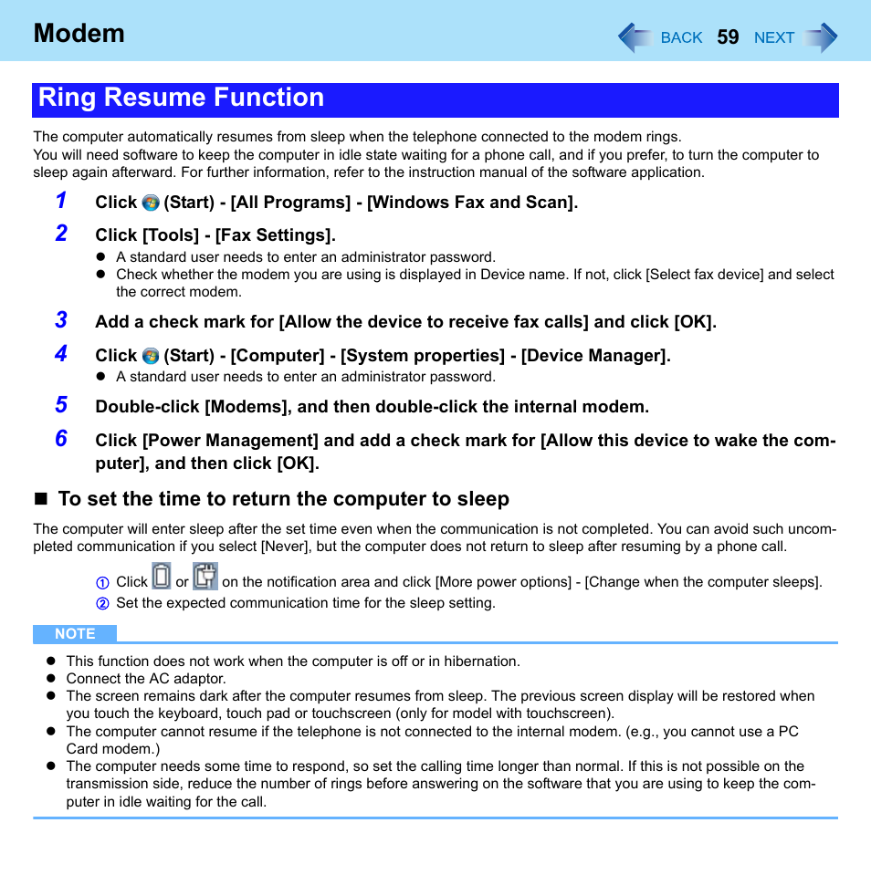 Modem, Ring resume function | Panasonic CF-52 Series User Manual | Page 59 / 106