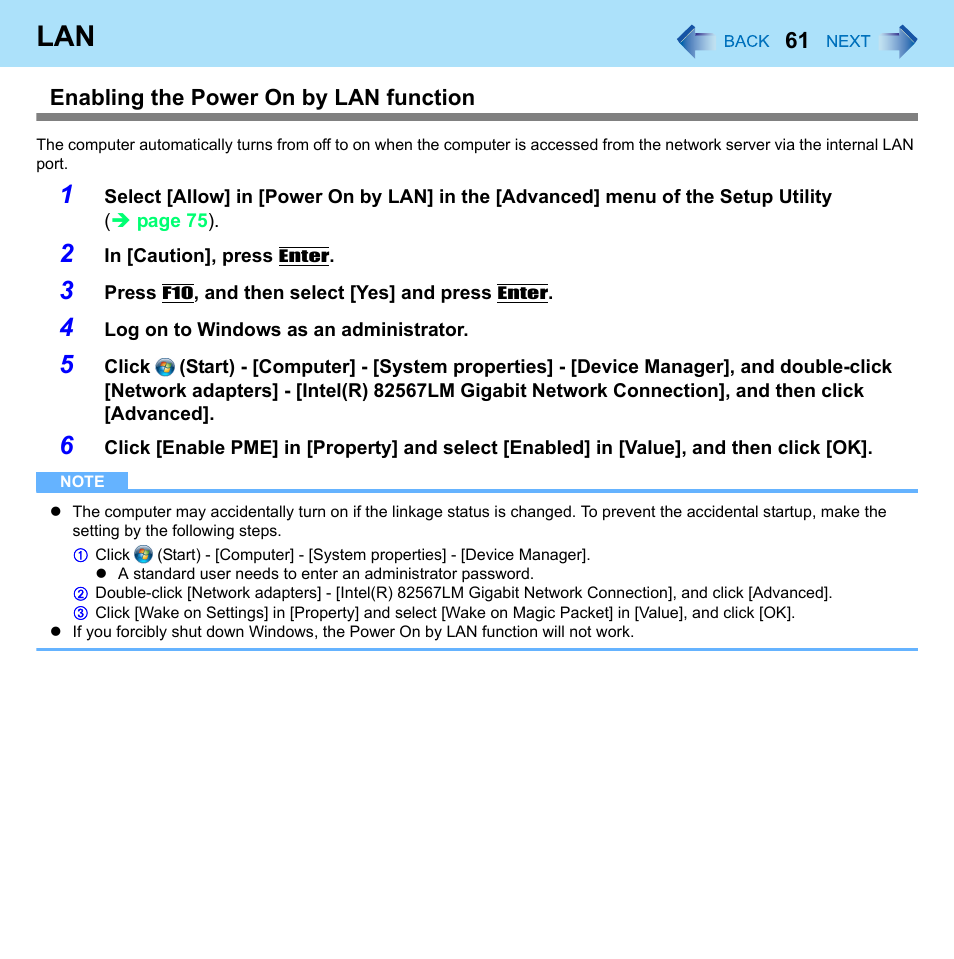 Enabling the power on by lan function | Panasonic CF-52 Series User Manual | Page 61 / 106