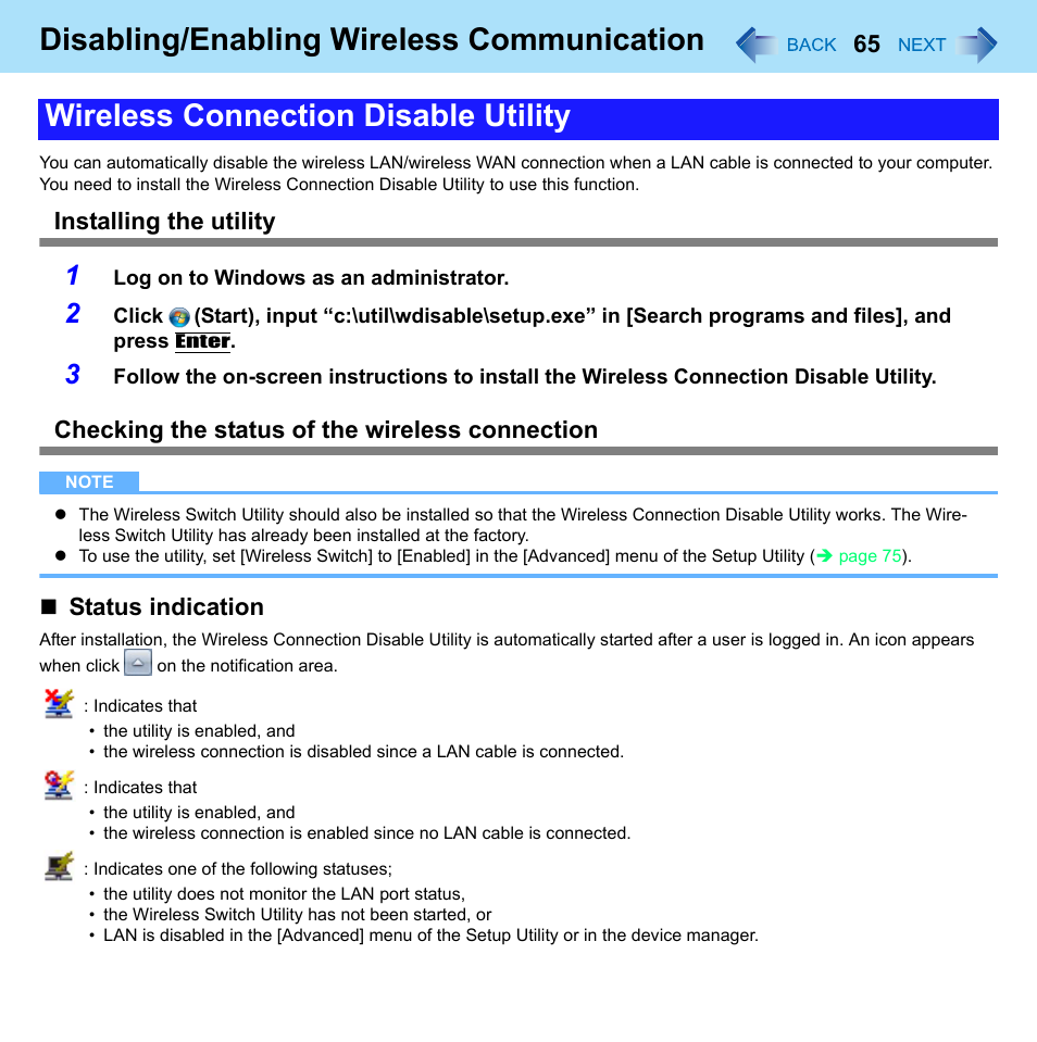 Sable utility, Disabling/enabling wireless communication, Wireless connection disable utility | Installing the utility, Checking the status of the wireless connection, Status indication | Panasonic CF-52 Series User Manual | Page 65 / 106