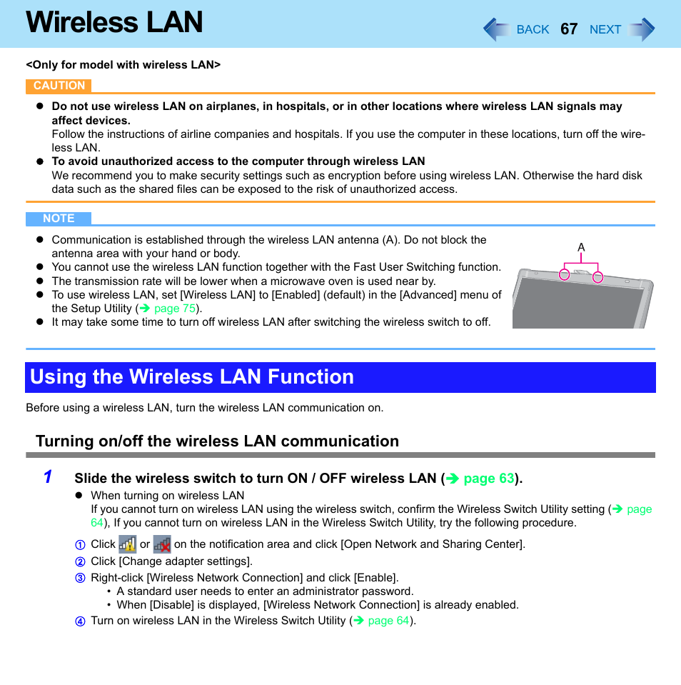 Wireless lan, Using the wireless lan function, Turning on/off the wireless lan communication | Panasonic CF-52 Series User Manual | Page 67 / 106