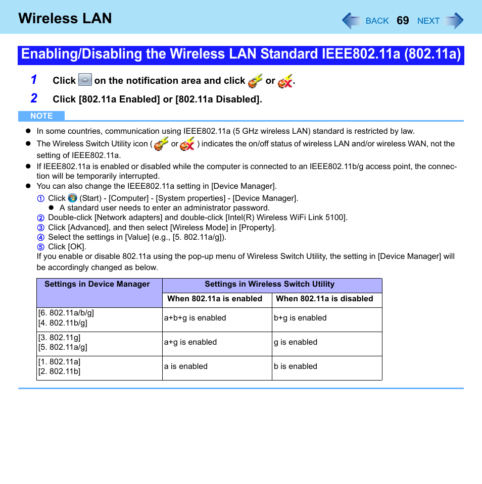 Device manager, Wireless lan | Panasonic CF-52 Series User Manual | Page 69 / 106