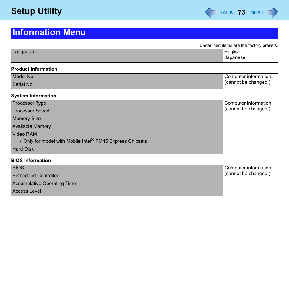 Ility, If t, Setup utility | Information menu | Panasonic CF-52 Series User Manual | Page 73 / 106