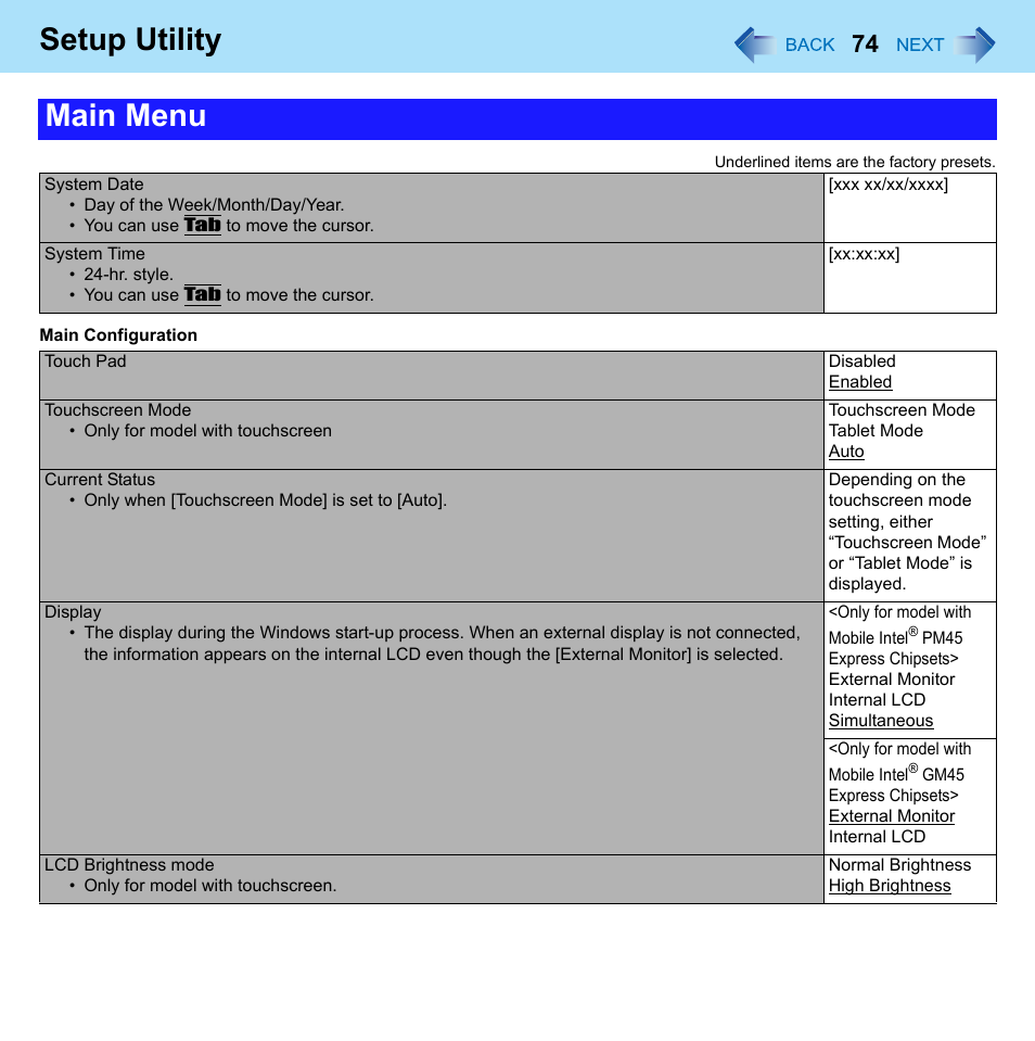 Setup utility, Main menu | Panasonic CF-52 Series User Manual | Page 74 / 106