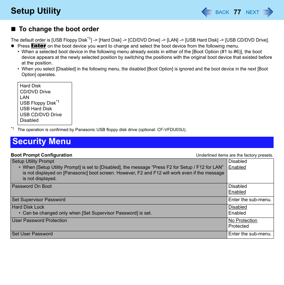 Rity] menu of the setup utility, Setup utility, Security menu | Panasonic CF-52 Series User Manual | Page 77 / 106