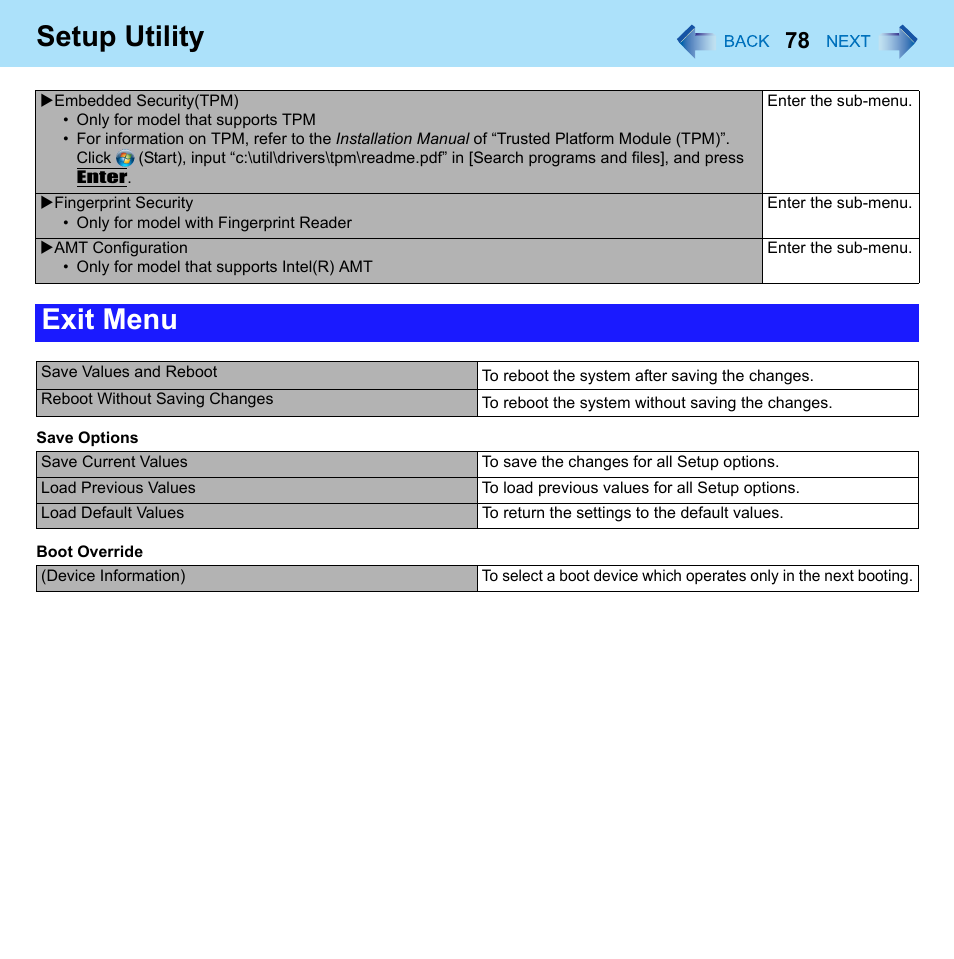 Setup utility, Exit menu | Panasonic CF-52 Series User Manual | Page 78 / 106