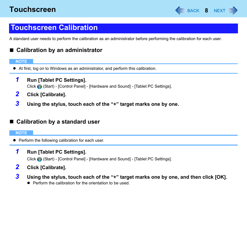 Touchscreen, Touchscreen calibration | Panasonic CF-52 Series User Manual | Page 8 / 106