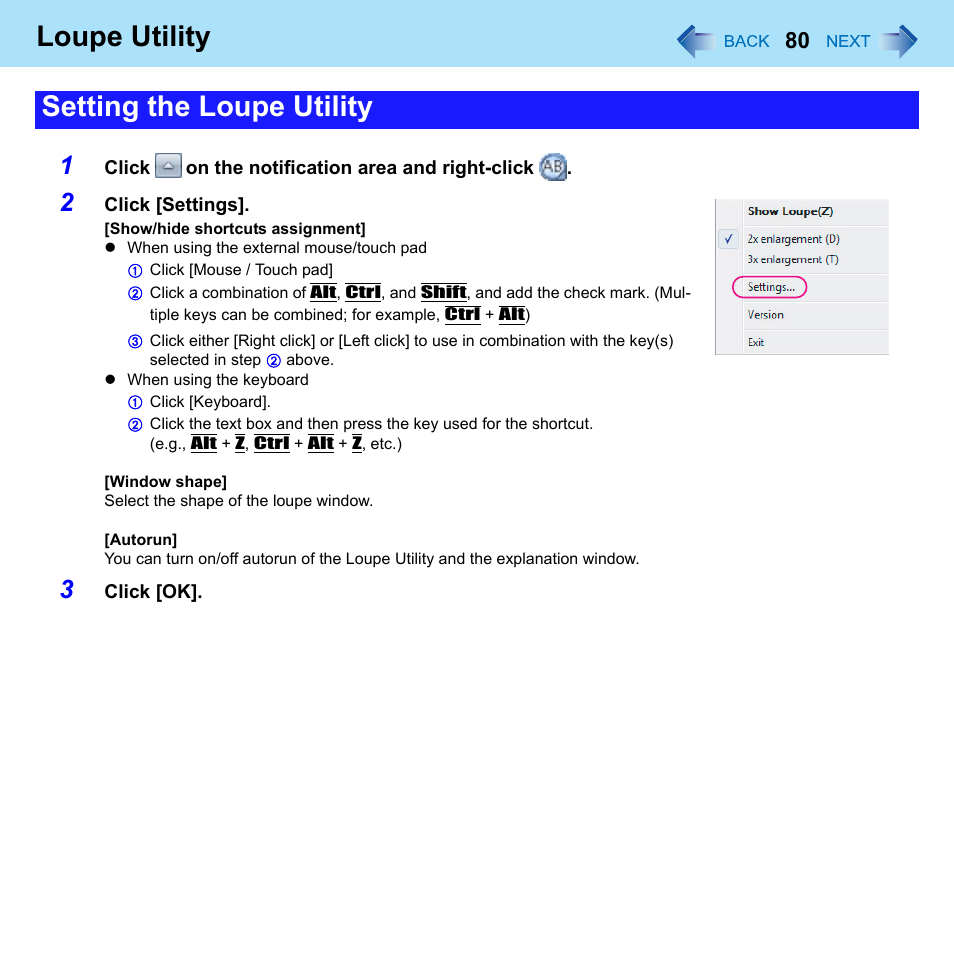 Loupe utility, Setting the loupe utility | Panasonic CF-52 Series User Manual | Page 80 / 106