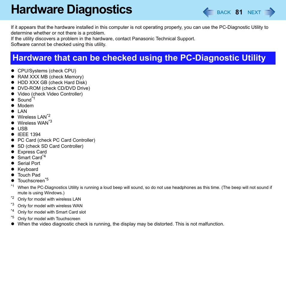 Hardware diagnostics | Panasonic CF-52 Series User Manual | Page 81 / 106