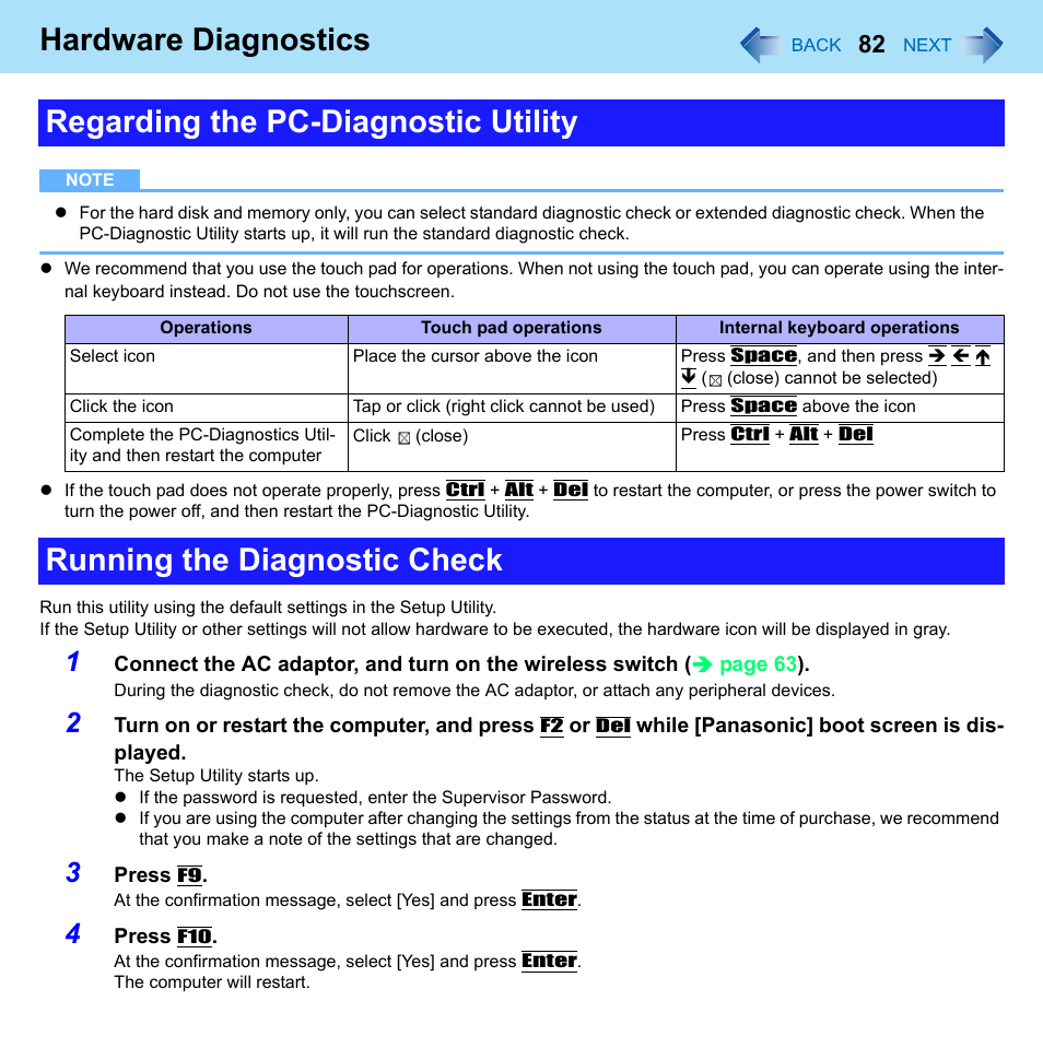 Hardware diagnostics, Regarding the pc-diagnostic utility, Running the diagnostic check | Panasonic CF-52 Series User Manual | Page 82 / 106