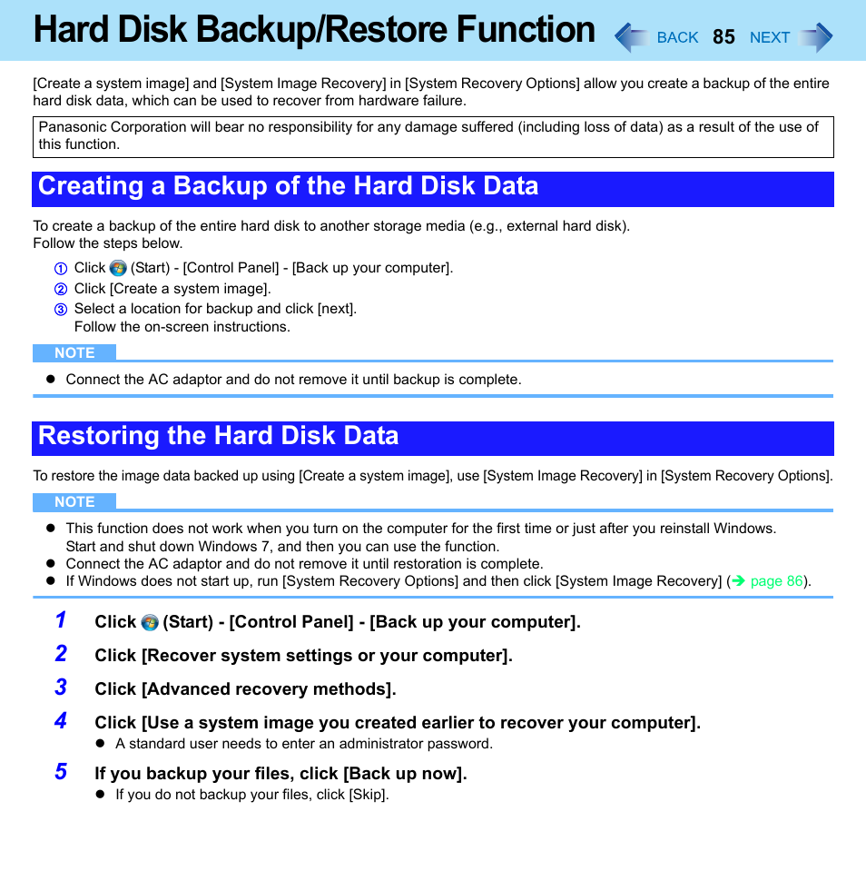 Hard disk backup/restore function | Panasonic CF-52 Series User Manual | Page 85 / 106