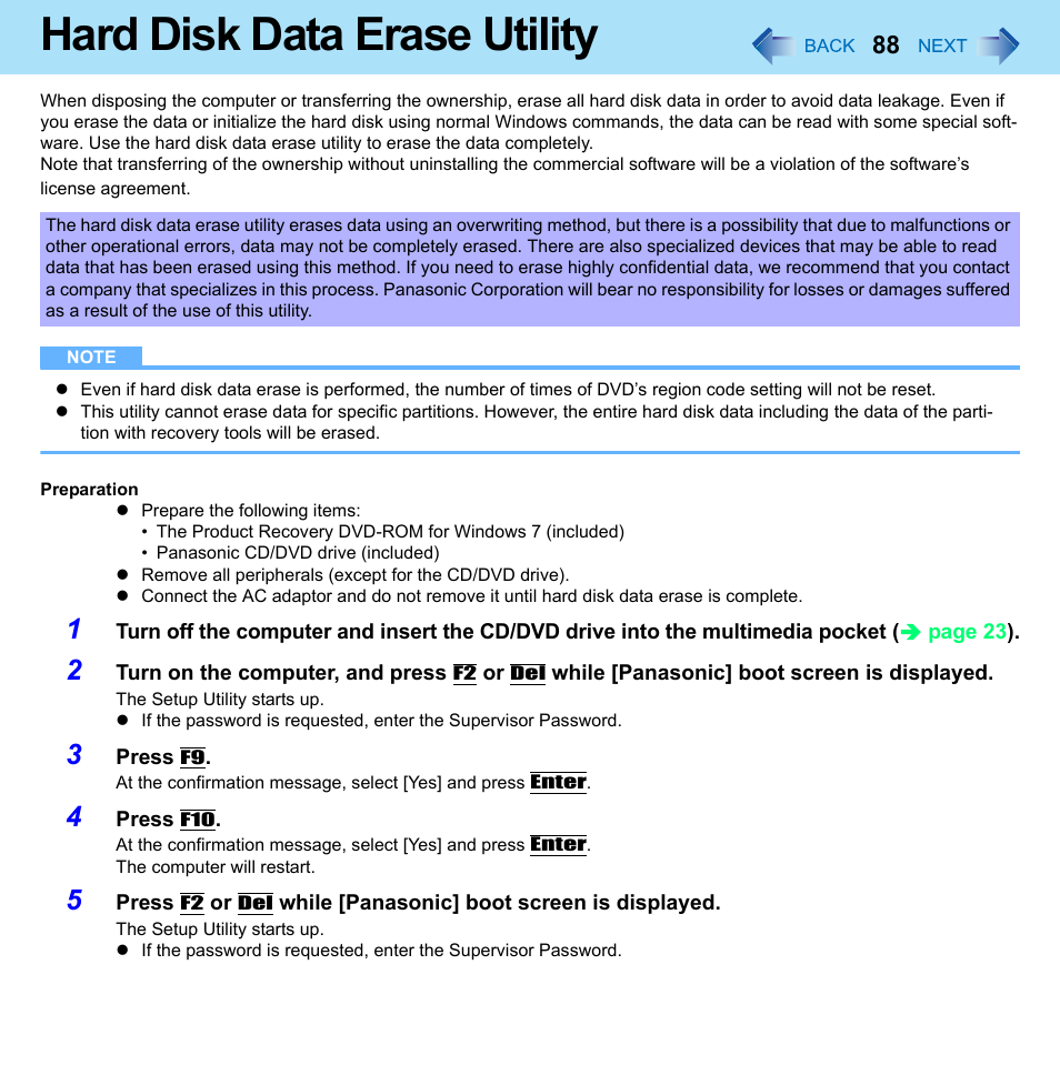 Hard disk data erase utility | Panasonic CF-52 Series User Manual | Page 88 / 106