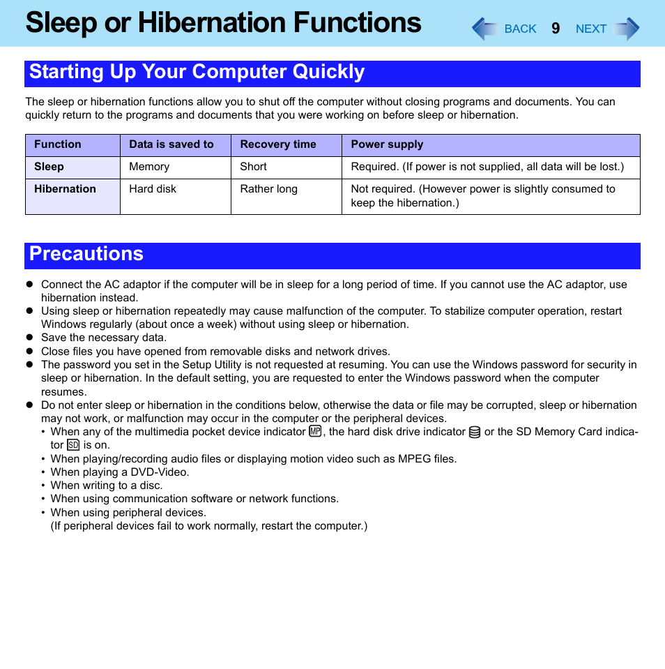 Sleep or hibernation functions, Starting up your computer quickly, Precautions | Panasonic CF-52 Series User Manual | Page 9 / 106