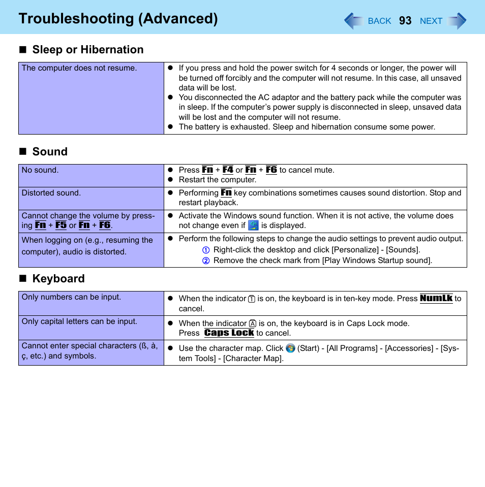 Sound, Keyboard, Troubleshooting (advanced) | Sleep or hibernation | Panasonic CF-52 Series User Manual | Page 93 / 106