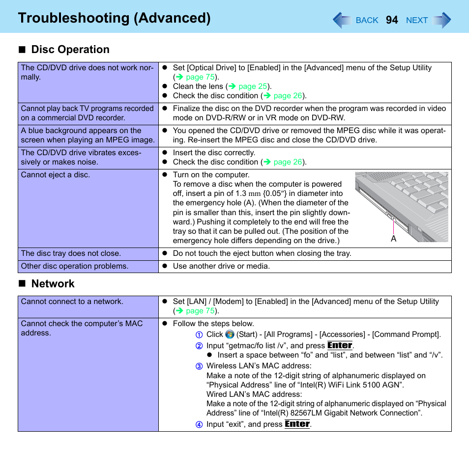 Disc operation, Network, Troubleshooting (advanced) | Panasonic CF-52 Series User Manual | Page 94 / 106