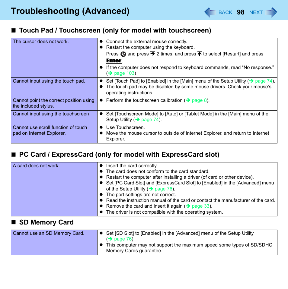 Sd memory card, Troubleshooting (advanced) | Panasonic CF-52 Series User Manual | Page 98 / 106