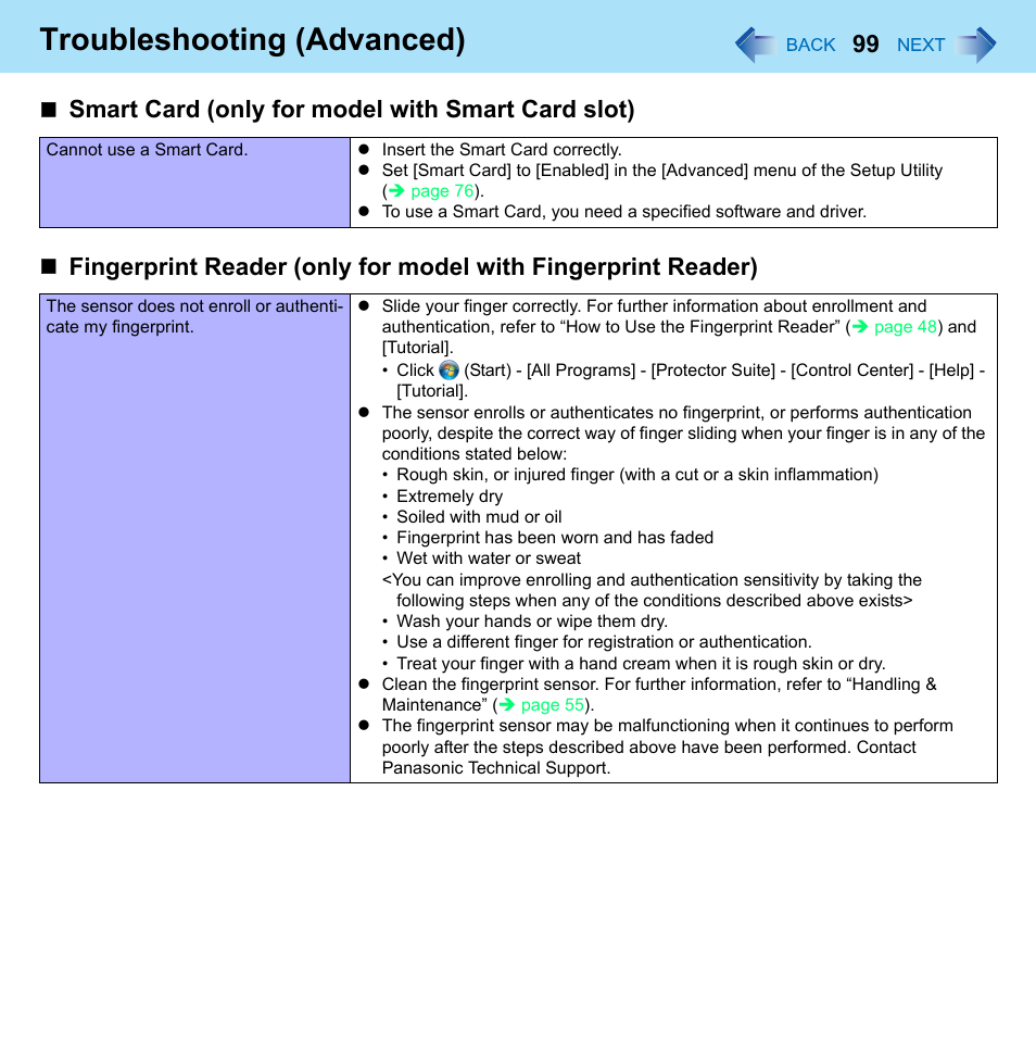 Smart card (only for model with smart card slot), Troubleshooting (advanced) | Panasonic CF-52 Series User Manual | Page 99 / 106