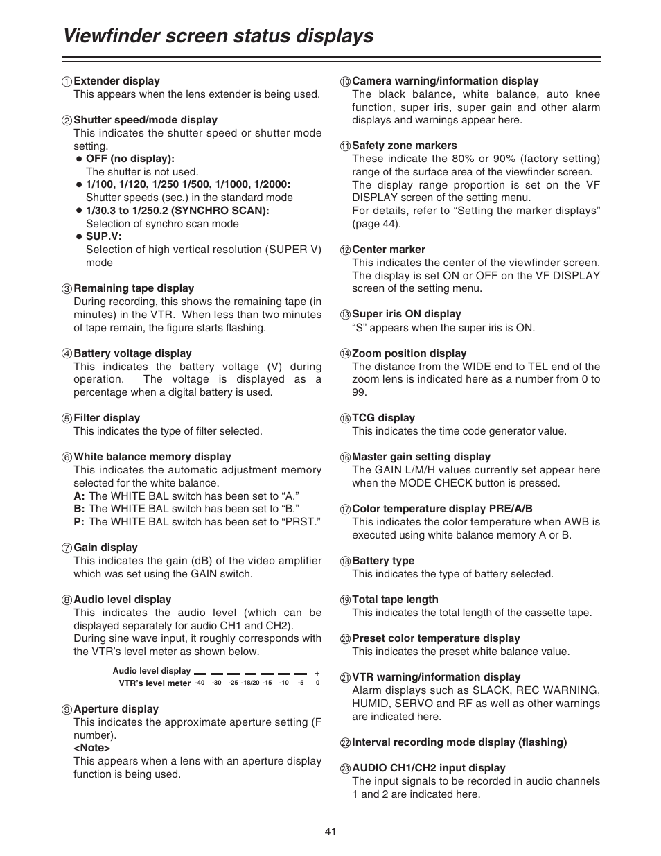 Viewfinder screen status displays | Panasonic AJ-HDC20A P User Manual | Page 41 / 116