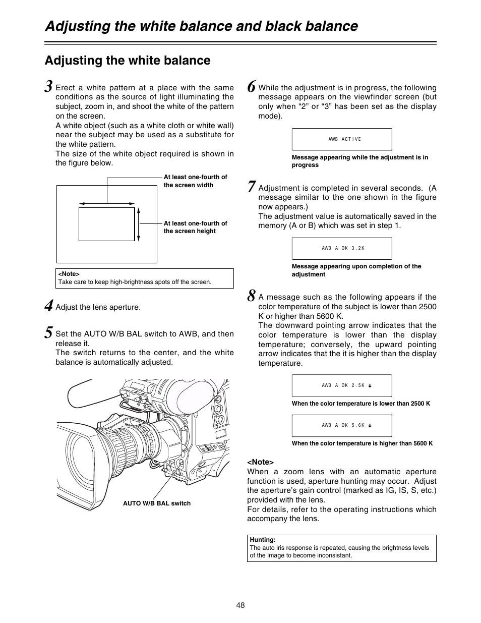 Adjusting the white balance and black balance, Adjusting the white balance | Panasonic AJ-HDC20A P User Manual | Page 48 / 116