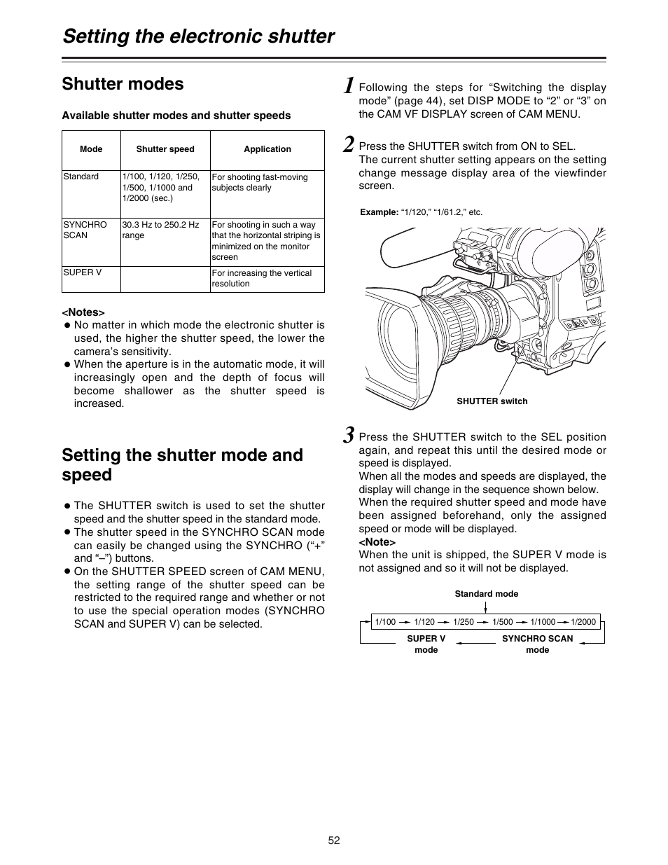 Setting the electronic shutter, Shutter modes, Setting the shutter mode and speed | Panasonic AJ-HDC20A P User Manual | Page 52 / 116