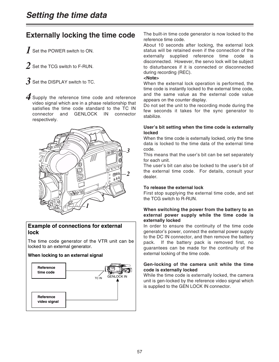 Setting the time data, Externally locking the time code | Panasonic AJ-HDC20A P User Manual | Page 57 / 116