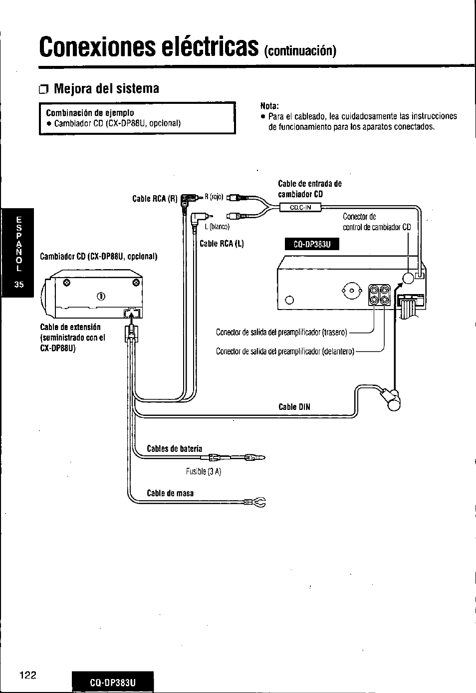 Conexiones eléctricas, Mejora del sistema | Panasonic Removable Front Panel MP3 WMA CD Player/Receiver with CD Changer Control CQ-DP383U User Manual | Page 122 / 124