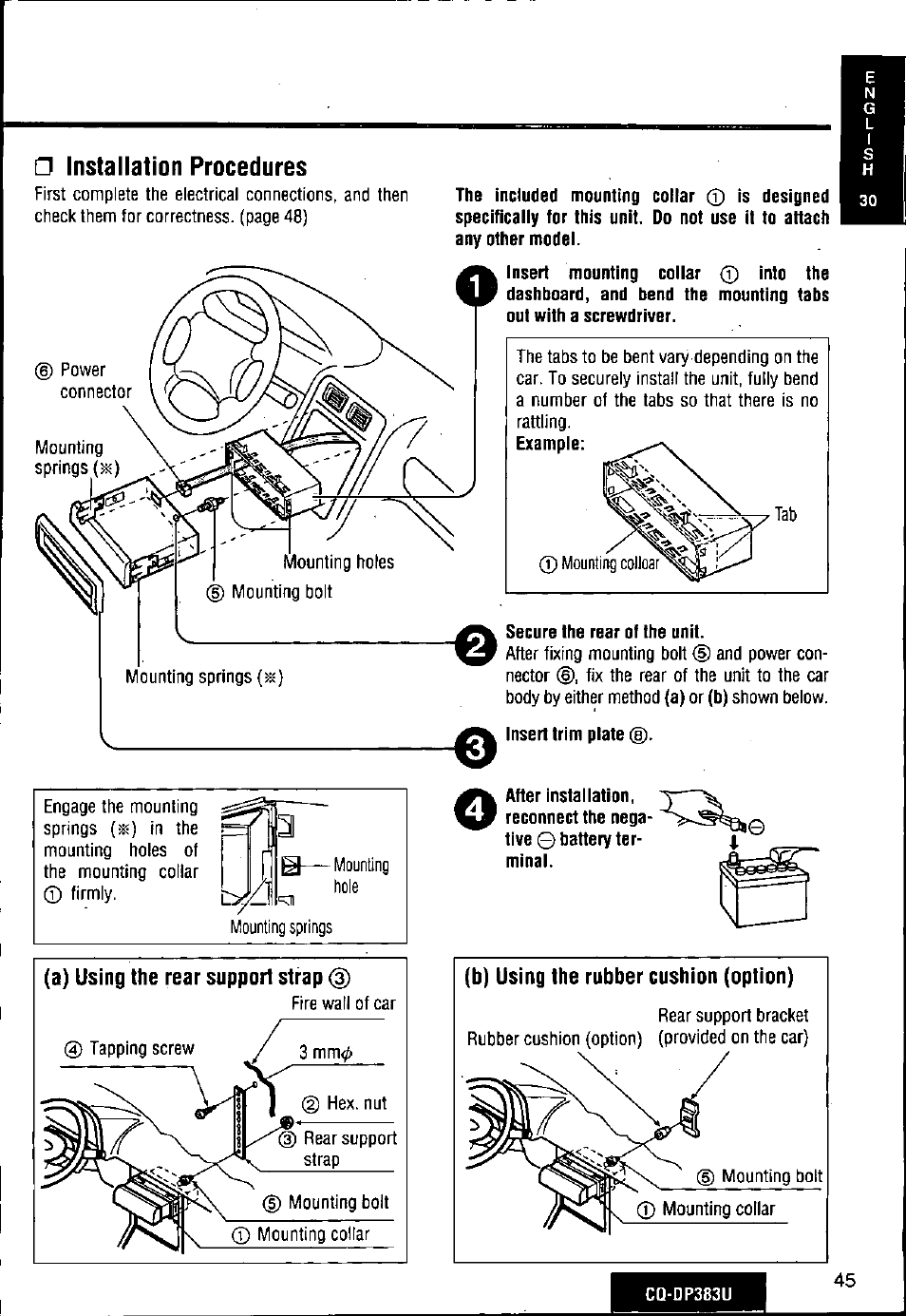 A) using the rear support strap (|), Secure the rear of the unit, Insert trim plate | B) using the rubber cushion (option) | Panasonic Removable Front Panel MP3 WMA CD Player/Receiver with CD Changer Control CQ-DP383U User Manual | Page 45 / 124