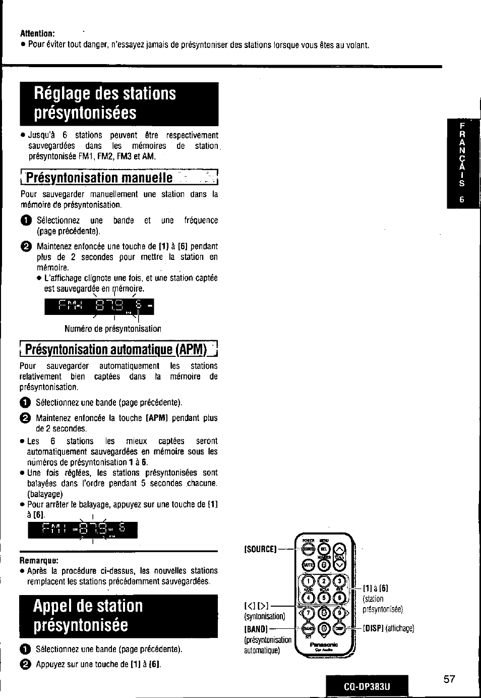 I présyntonisation automatique (apivi), Réglage des stations présyntonisées, Appel de station présyntonisée | Panasonic Removable Front Panel MP3 WMA CD Player/Receiver with CD Changer Control CQ-DP383U User Manual | Page 57 / 124