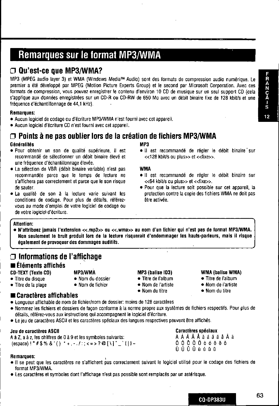 Qu’est-ce que mp3/wma, G informations de l’affichage, Éléments affichés | Caractères affichables, Remarques sur le format mp3/wivia, G informations de l’affichage ■ éléments affichés | Panasonic Removable Front Panel MP3 WMA CD Player/Receiver with CD Changer Control CQ-DP383U User Manual | Page 63 / 124