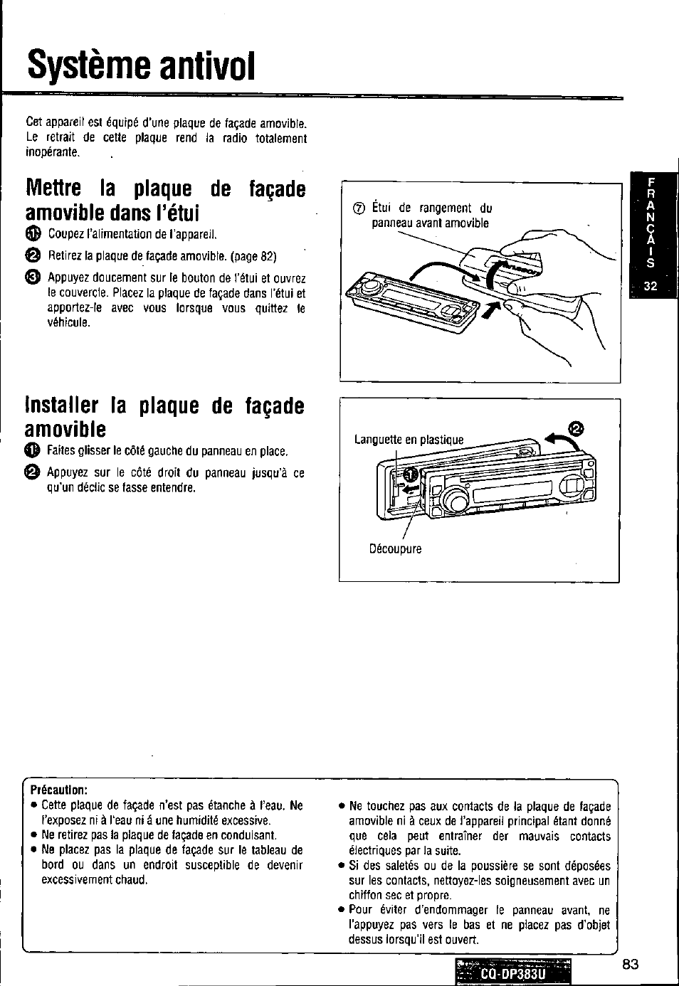 Système antivol, N système antivol | Panasonic Removable Front Panel MP3 WMA CD Player/Receiver with CD Changer Control CQ-DP383U User Manual | Page 83 / 124