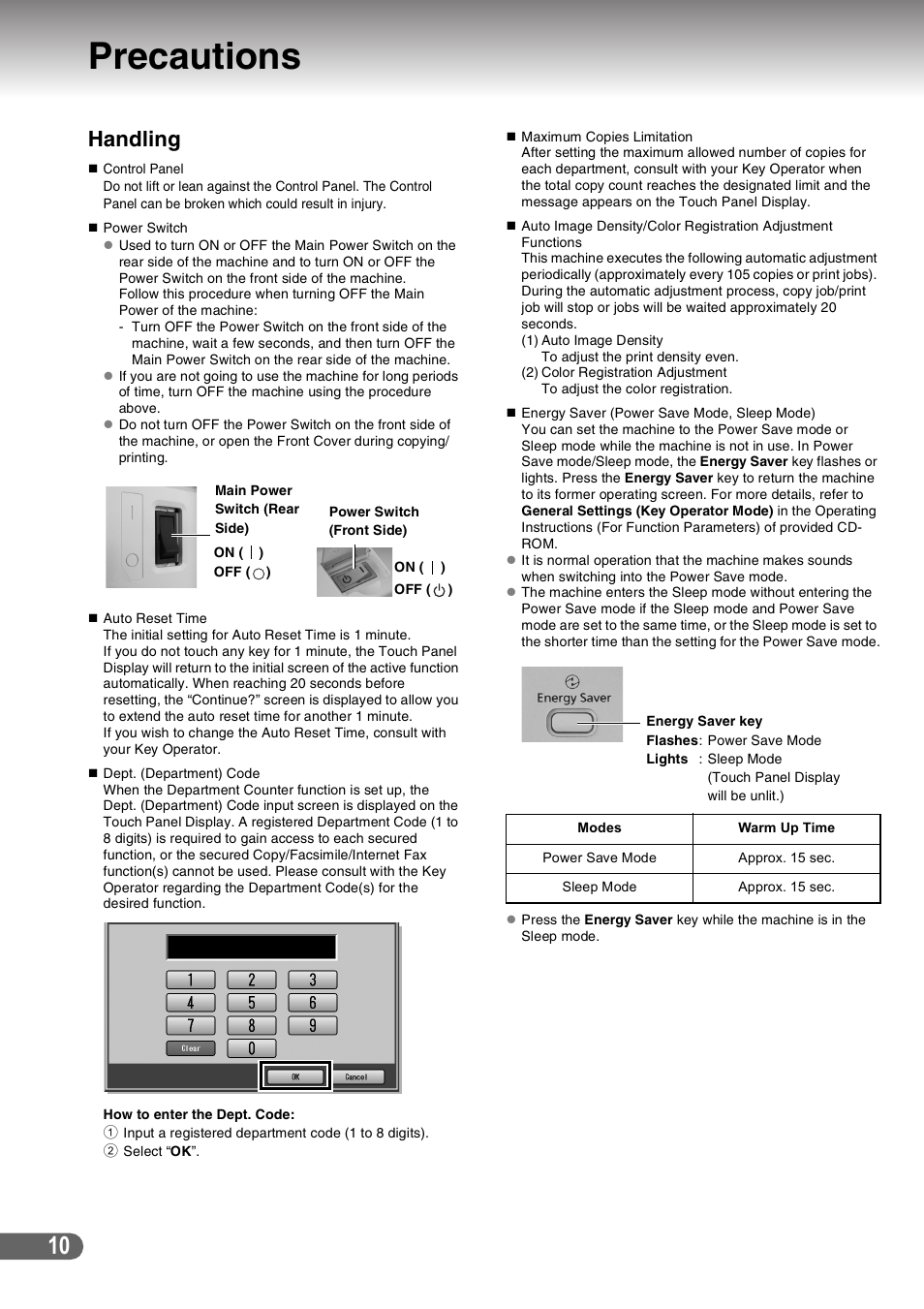 Precautions, Handling | Panasonic DP-C266 User Manual | Page 10 / 40