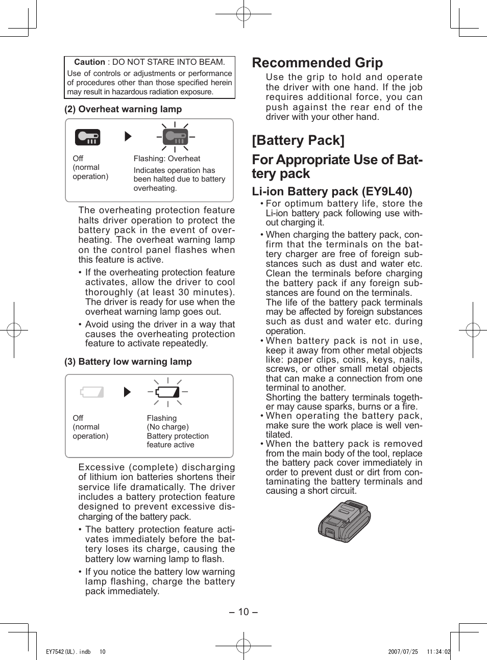 Recommended grip, Li-ion battery pack (ey9l40) | Panasonic EY7542 User Manual | Page 10 / 48