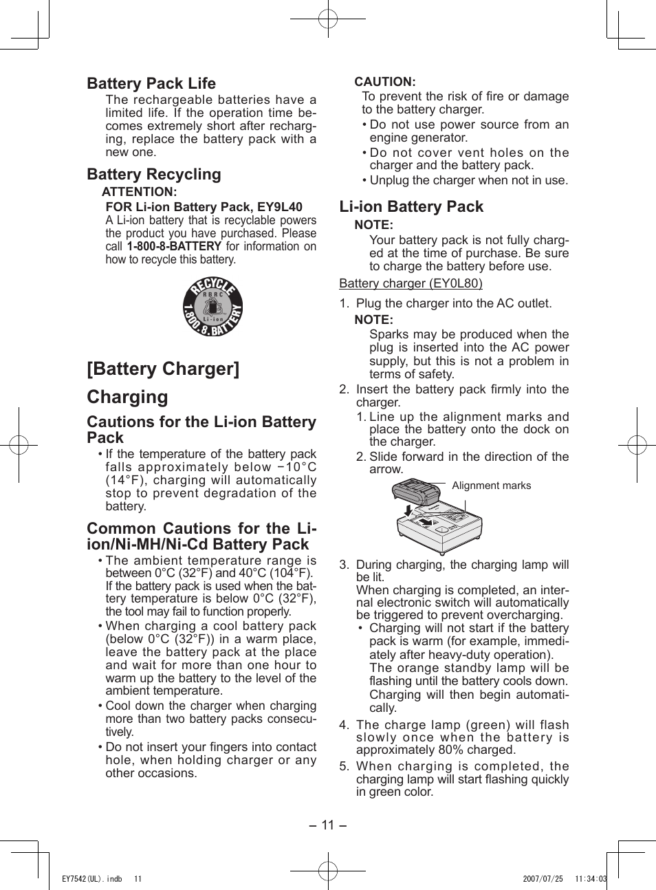 Battery charger] charging, Battery pack life, Battery recycling | Cautions for the li-ion battery pack, Li-ion battery pack | Panasonic EY7542 User Manual | Page 11 / 48