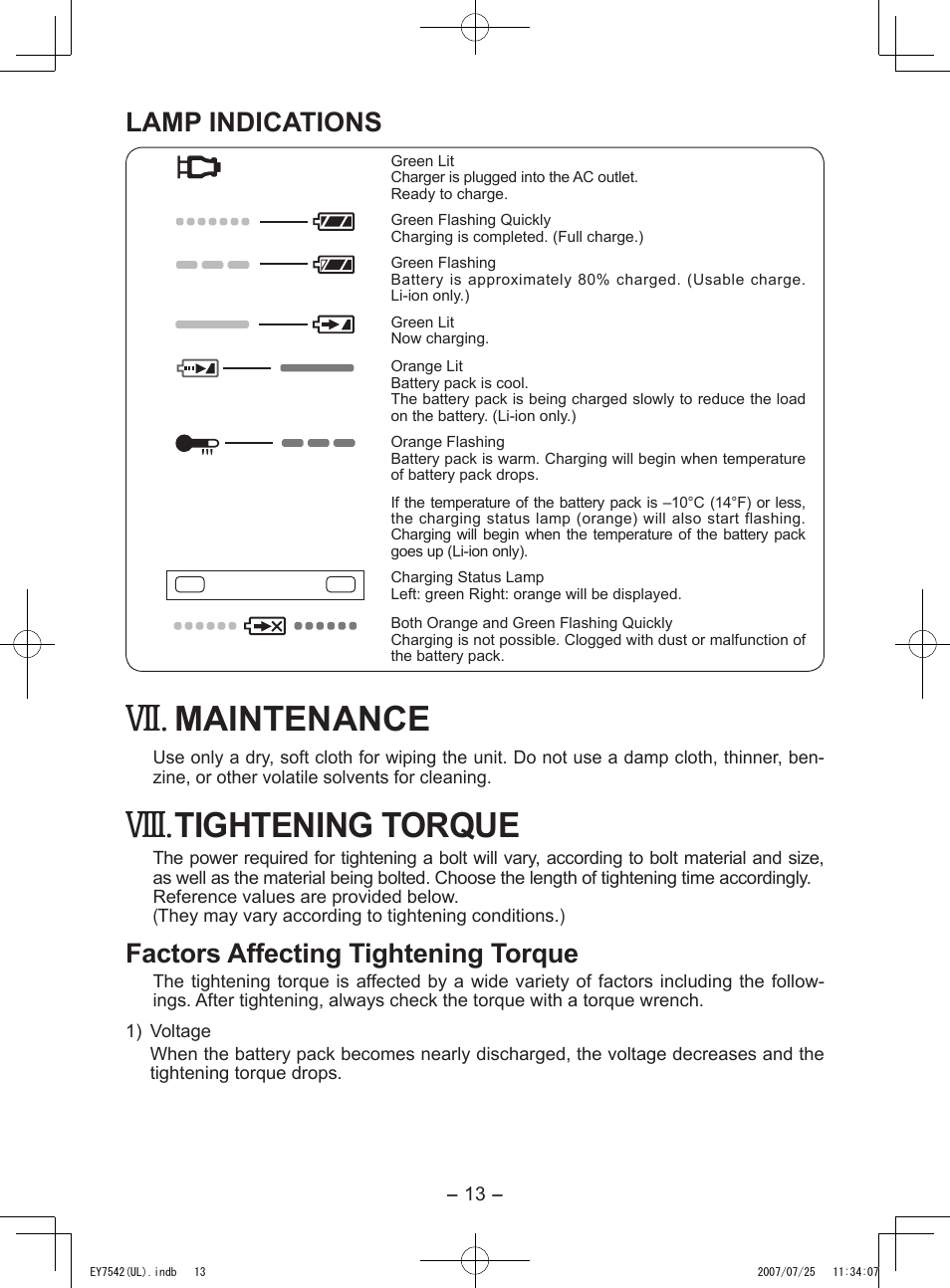 Viii, Maintenance, Tightening torque | Lamp indications, Factors affecting tightening torque | Panasonic EY7542 User Manual | Page 13 / 48
