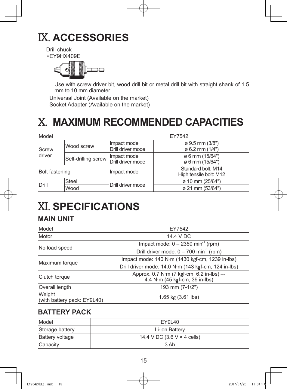 Accessories, Maximum recommended capacities, Specifications | Main unit, Battery pack | Panasonic EY7542 User Manual | Page 15 / 48