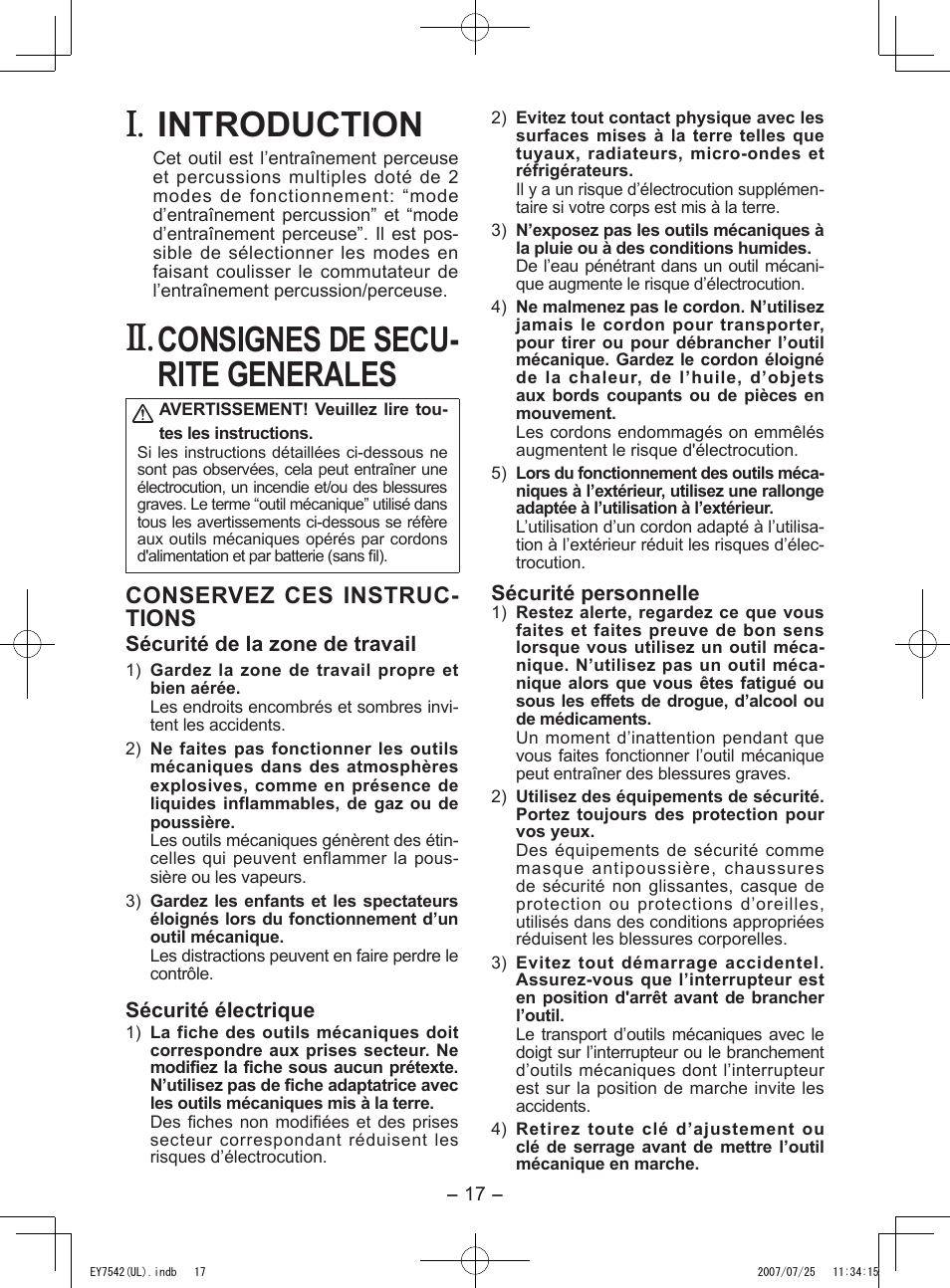 Introduction, Consignes de secu- rite generales, Conservez ces instruc- tions | Panasonic EY7542 User Manual | Page 17 / 48